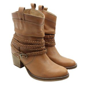 Dingo Caramel Brown Leather Slouchy Western Ankle Boots